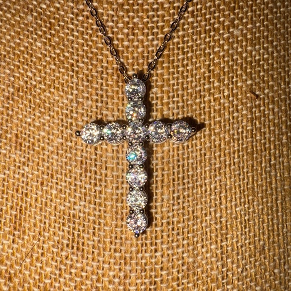 Solid Sterling Silver Large Moissanite Cross Necklace. - Picture 4 of 5